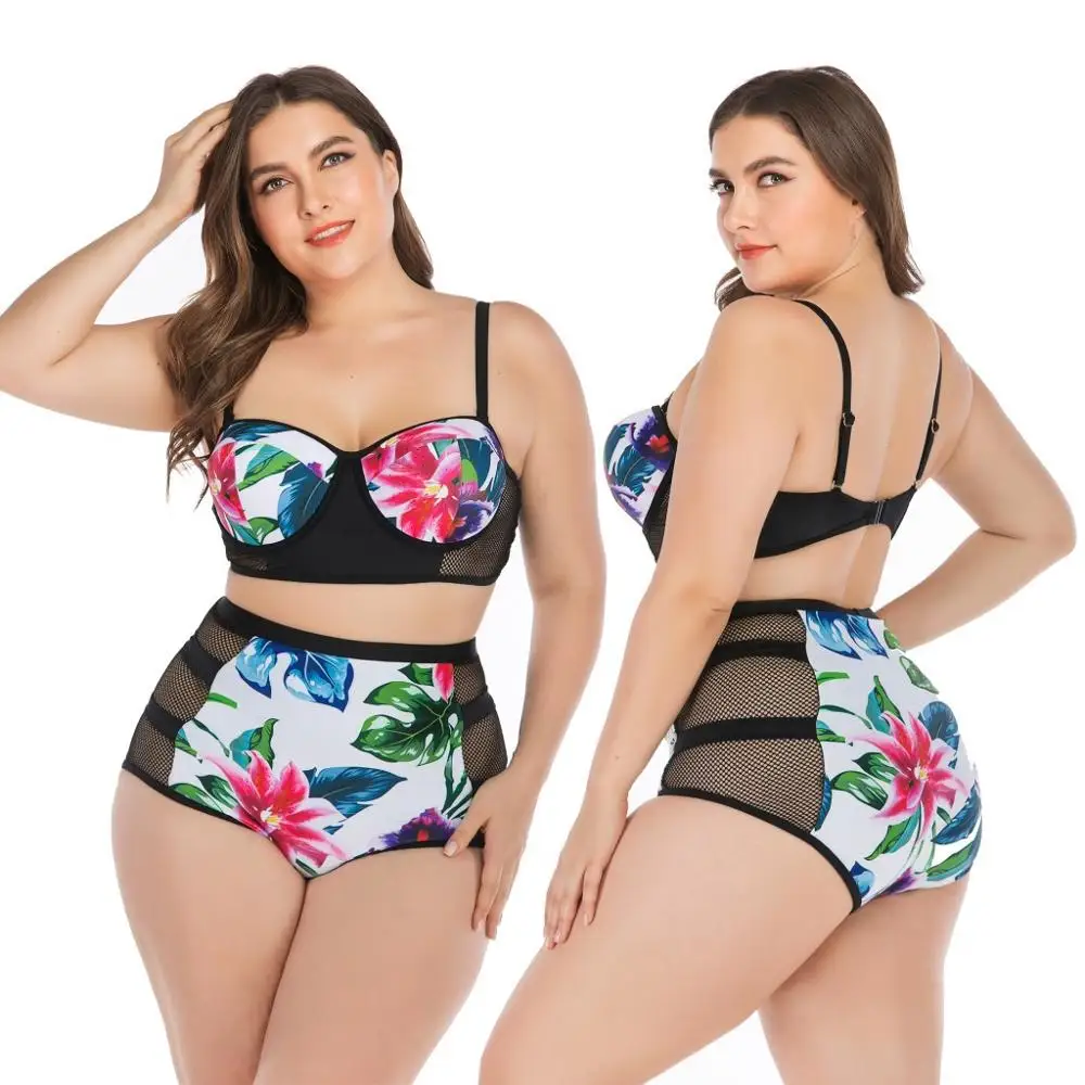 

Colorful Big Size Bikini Swimsuit Women Two Piece Set Plus Size Swimwear High Waist