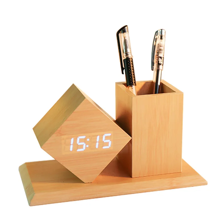 

China Factory Supply Office Gift Desk Wooden Pen Holder With Digital LED Clock