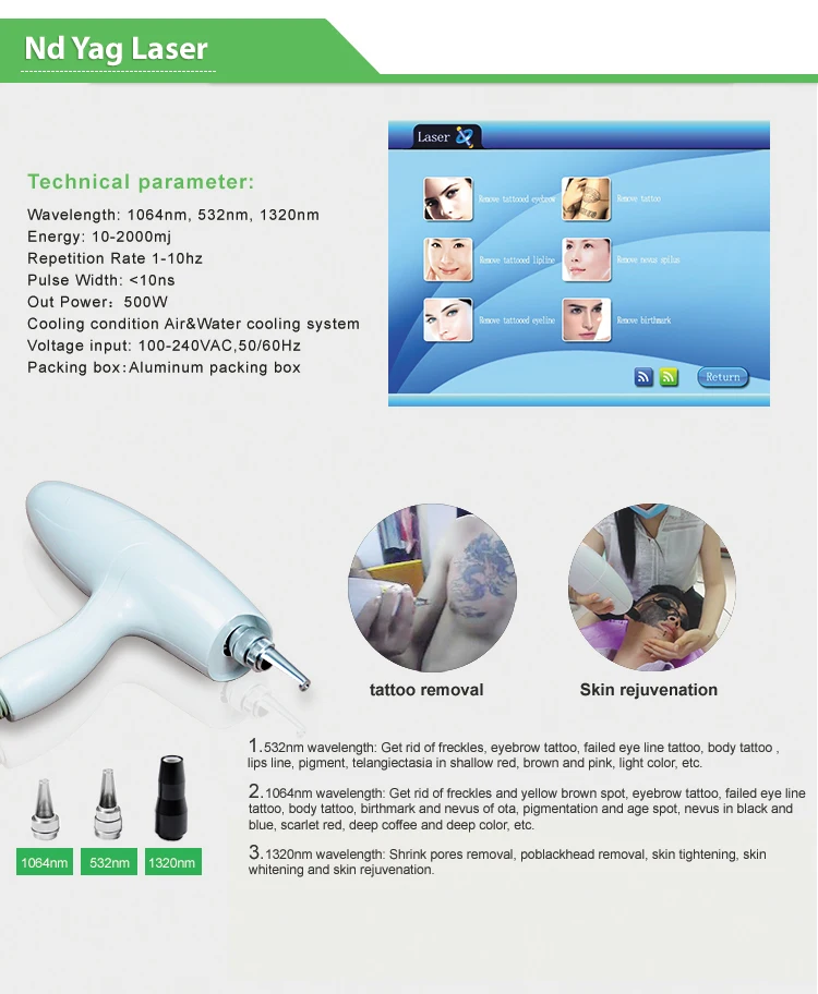 Portable Q Switched Nd yag Laser tattoo removal machine with three wavelength