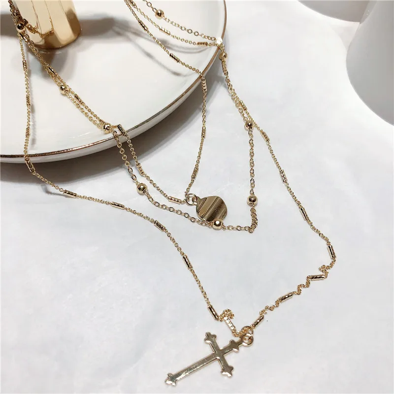 

18k gold plain disc coin cross pendant necklace three multi layered necklace fashion gold choker layered chain necklace, Picture