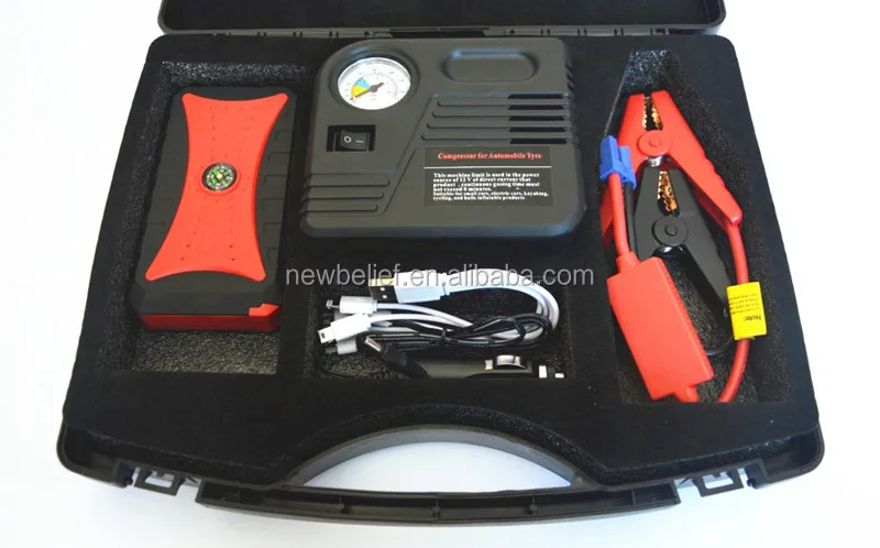 Portable 12 volt emergency car powerbank, 4 USB car jump starter power bank with air compressor