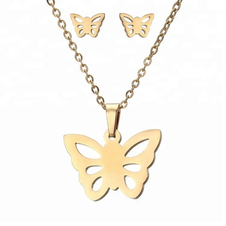 

Butterfly Pendant Jewelry Plated Ture Yellow Gold Necklace Earring Fashion Jewelry