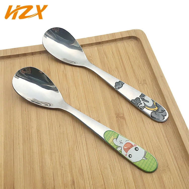 

Jieyang Factory Directly Sale Kids Stainless Steel Spoon , 304 Laser Pattern Handle Children Cutlery, Silver;any color is available