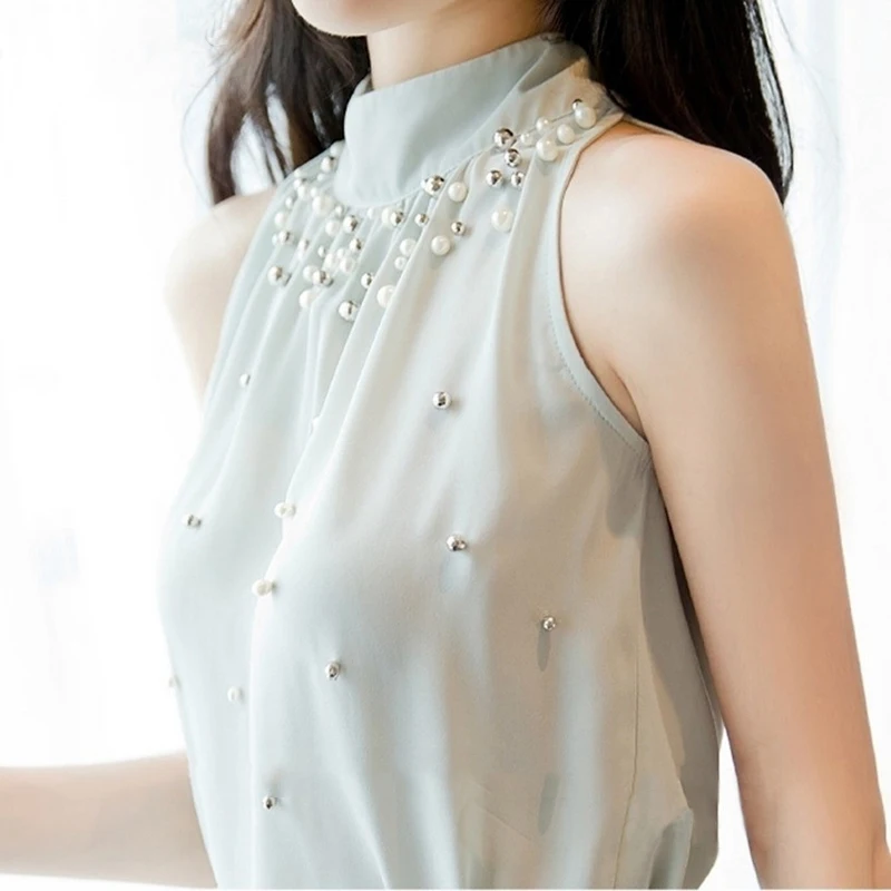 2019 New Women Beading Chiffon Blouse Fashion Sleeveless Chiffon Shirt Women Elegant and Temperament Turtleneck Tops