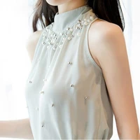 

2019 New Women Beading Chiffon Blouse Fashion Sleeveless Chiffon Shirt Women Elegant and Temperament Turtleneck Tops