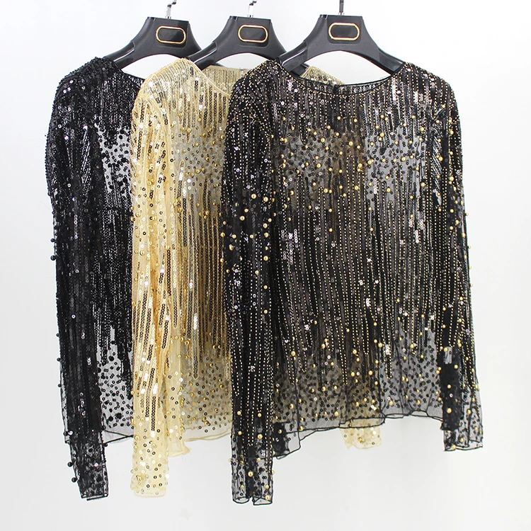 

China manufacturer women party wear see through sequin sexy blouse