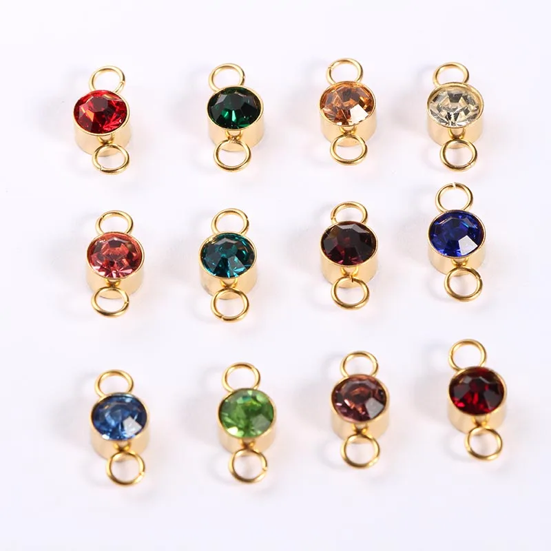 

6mm Stainless Steel DIY Jewelry Findings Gold Plated 12 Birthstone Rhinestones Connectors Charms for Bracelet Making