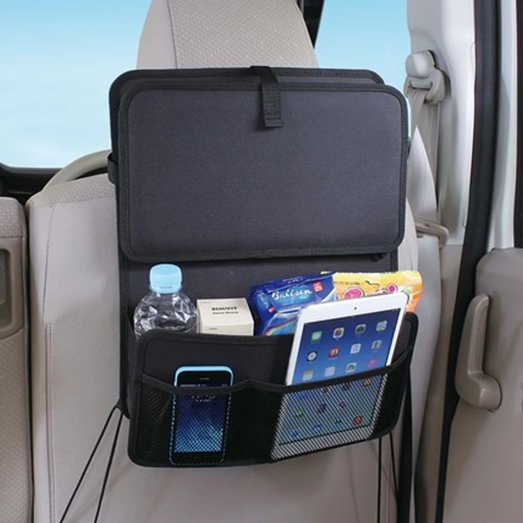 Hot selling multifunctional polyester foldable tray back car seat organizer kids with tablet holder