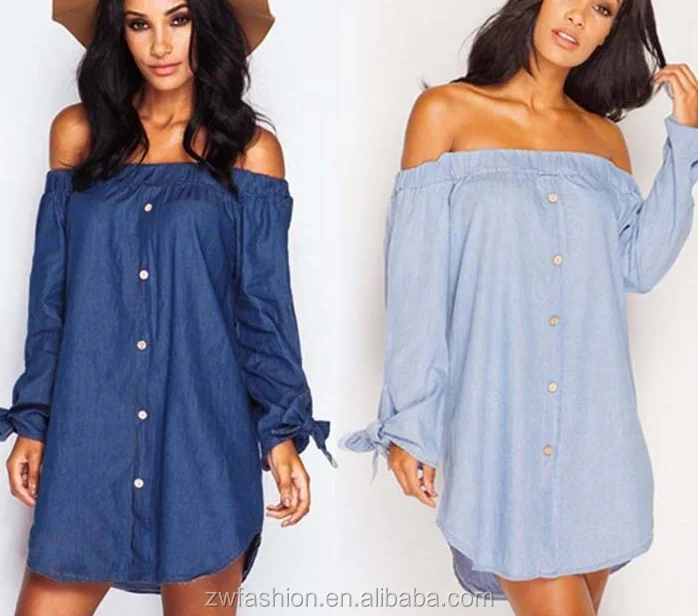 

2018 trending products fashion women clothing summer denim fabric casual off-shoulder dress, As photos;custom color avalable