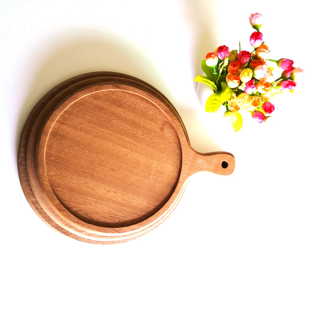 

High quality Sapele Wooden cutting board kitchen round pizza plate with handle