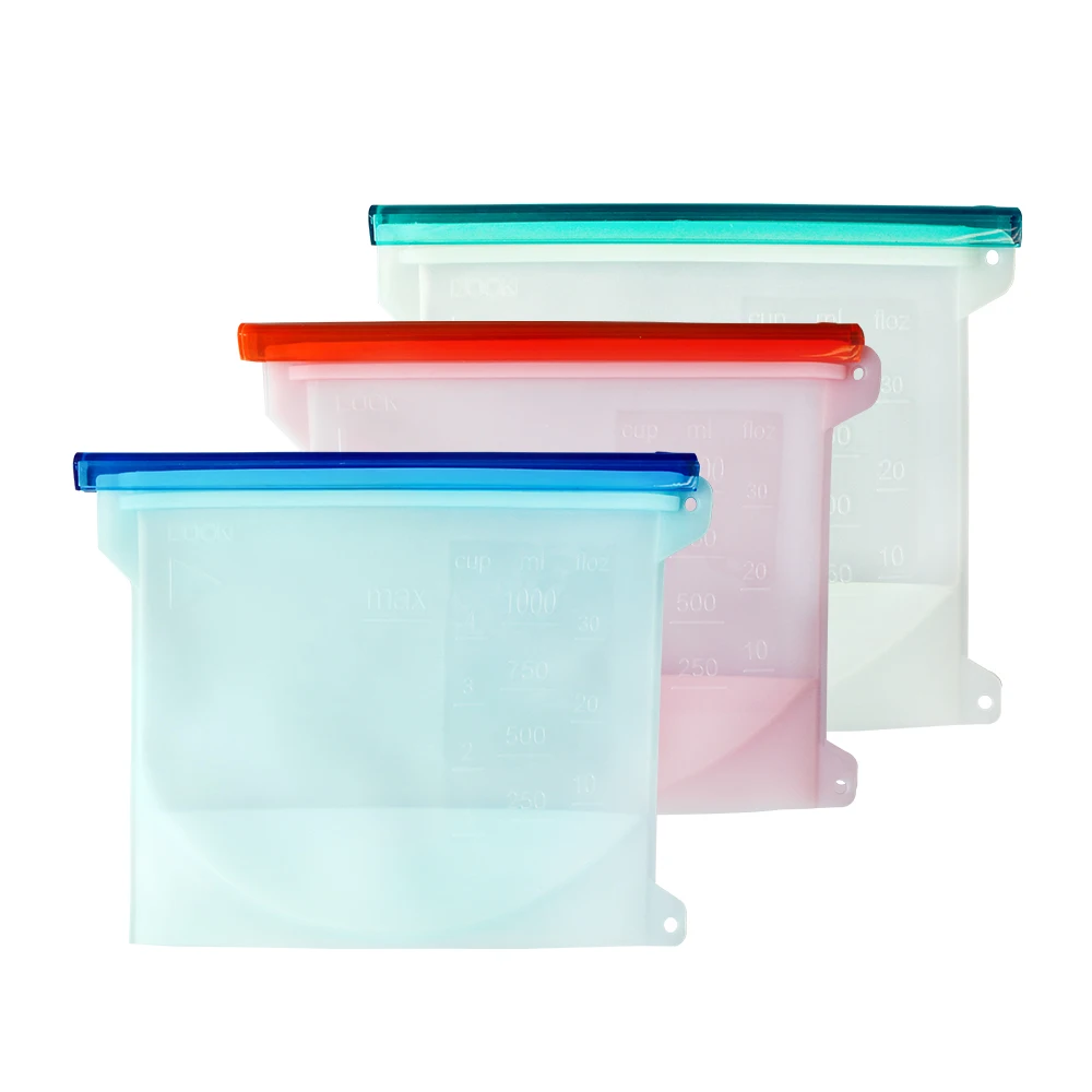 

FDA Approved Biodegradable Leakproof Zipper Reusable Silicone Food Storage Bag for Fridge Fresh Fruit, Customized color