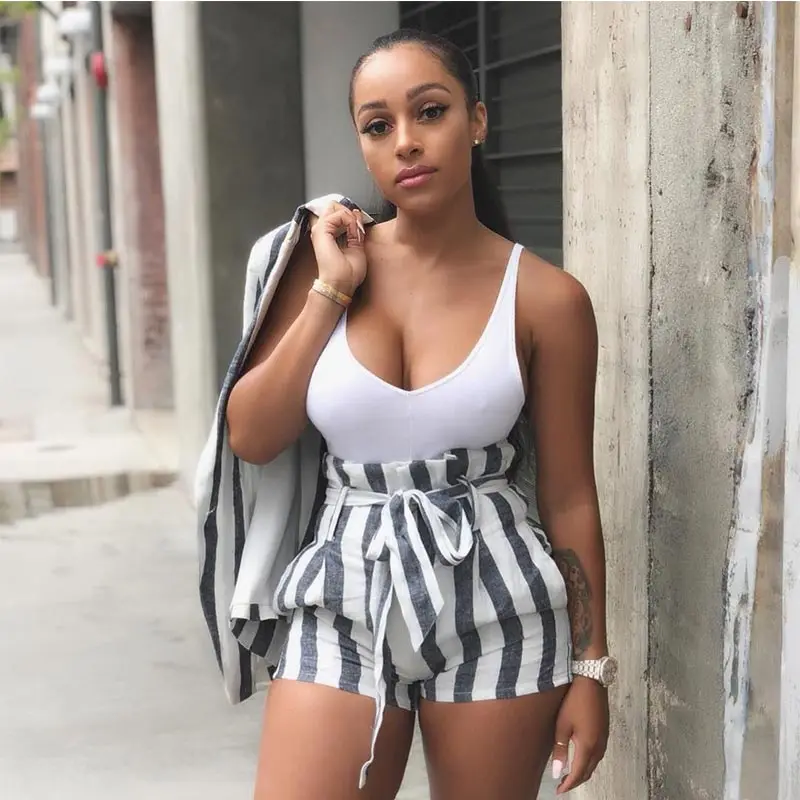 

Casual Striped Long Sleeve Jacket & Tie Shorts Set Two Piece Set Women Clothing