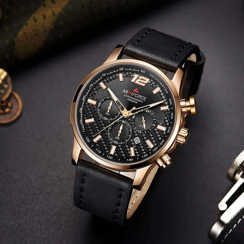 

ARMIFORCE Men Chronograph Wrist Watches Luxury Quartz Watch Man Leather Auto Date Wristwatches Clock Montre Homme AF8002