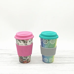 Image of Bio custom print biodegradable natural 450ML bamboo fiber fibre eco tea coffee travel mug mugs with lid handgrip dishwasher safe