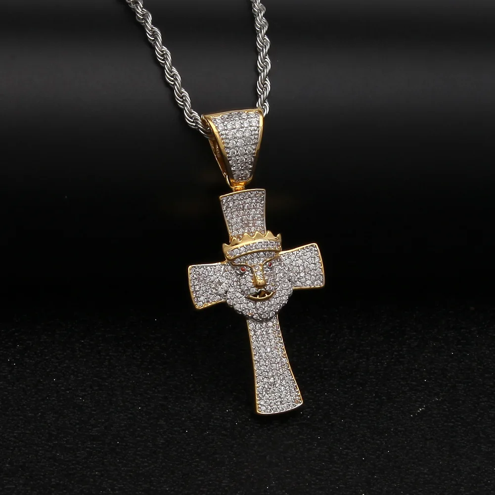 

New design Christian cross crown lion special shape zircon cross pendant AAA zircon classical shiny gold cross pendant jewelry, Gold, silver