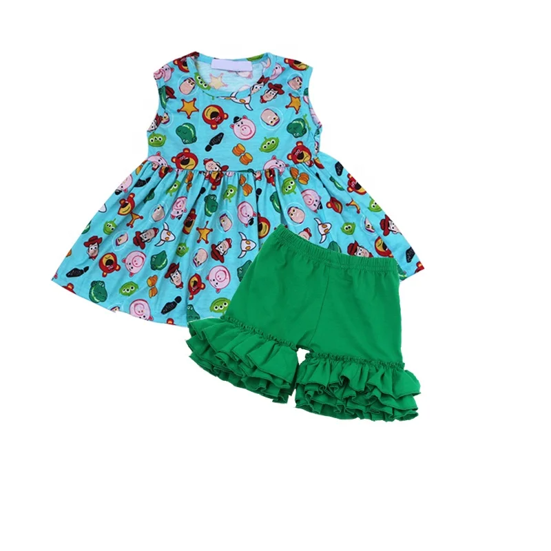 

Cartoon Printing Shirt With Green Ruffle Shorts Pants Set Cotton Knit Outfit Wholesale Baby Girls Clothing Set