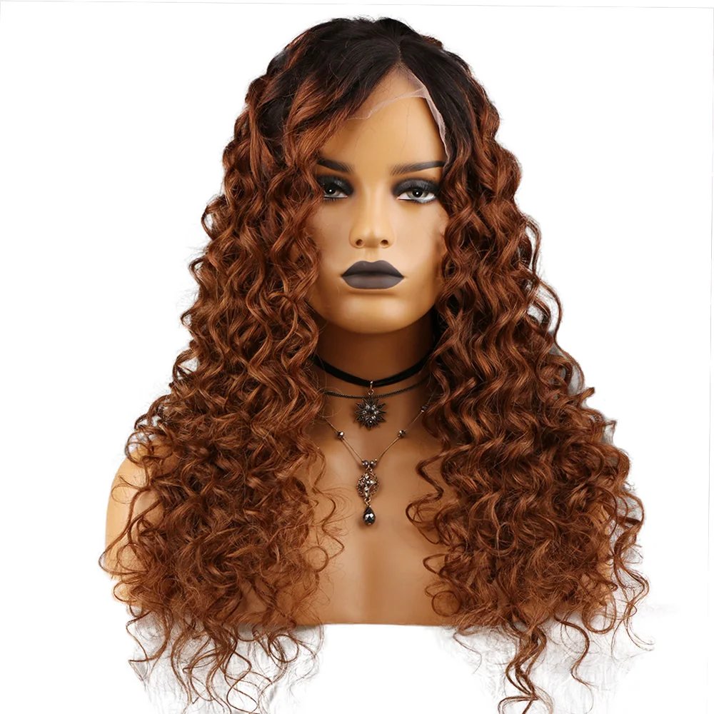 Good Feedback Long Colored Afro Curly Ombre Brown Side Part Half Lace Front Human Hair Wigs With Dark Root