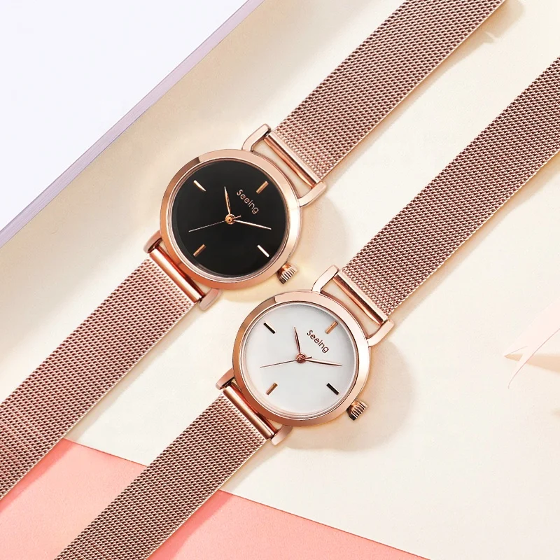 

DROPSHIPPING alloy stylish women wristwatch wholesaler polished rose gold case black dial stainless steel band