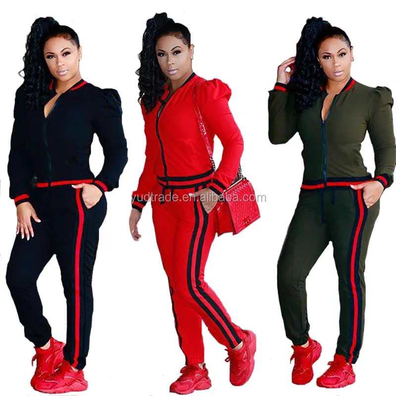 

2018 New Design Women's Fashion jumpsuit Tops pants sets Runing patchwork sport clothes standard Size, Black red green