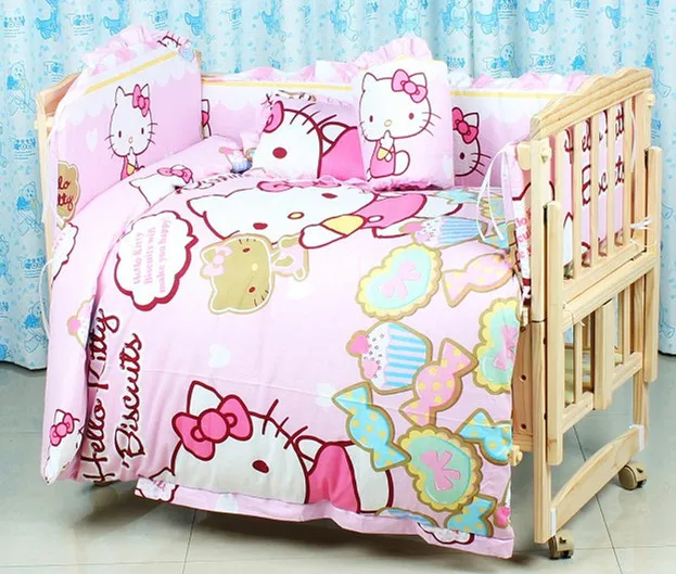 7 шт. Hello Kitty младенцы постельные принадлежности комплект детская кроватка постельные принадлежности комплект 100% хлопок младенцы постельное белье ( бампер + + матрац + подушка )