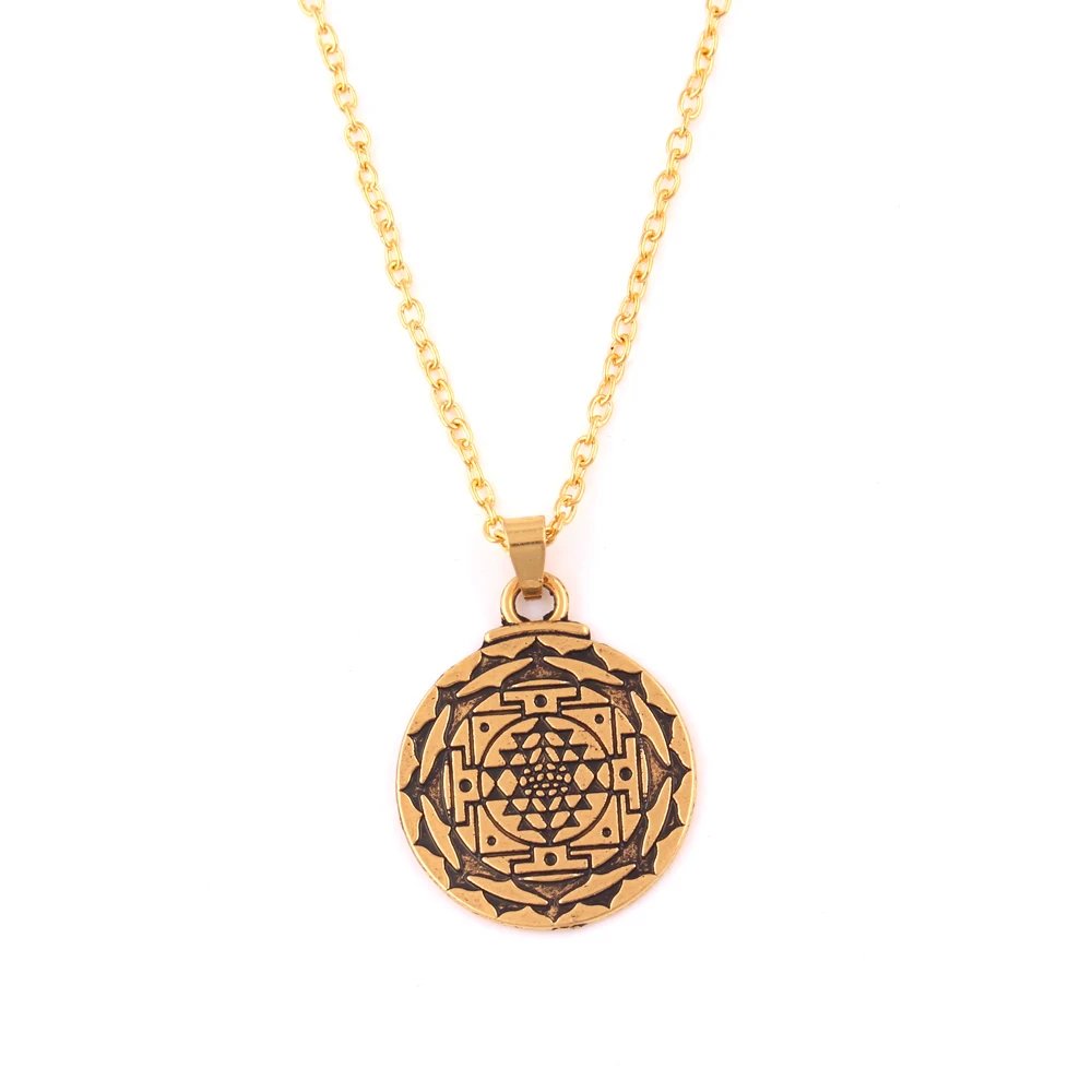 

N501 Trade Assurance Vintage Gold Colour Chakra 3rd Eye Hindu Goddess Yoga Sri Yantra Wicca Wealth Amulet Necklace, As picture