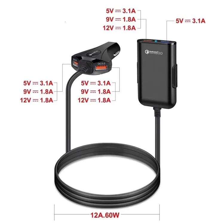 Hot Sale 4 Port USB Car Charger 5V 9V 12V Chargers Mobile phone Accessories QC 3.0 Car Charger with USB 1.8M Cable From China