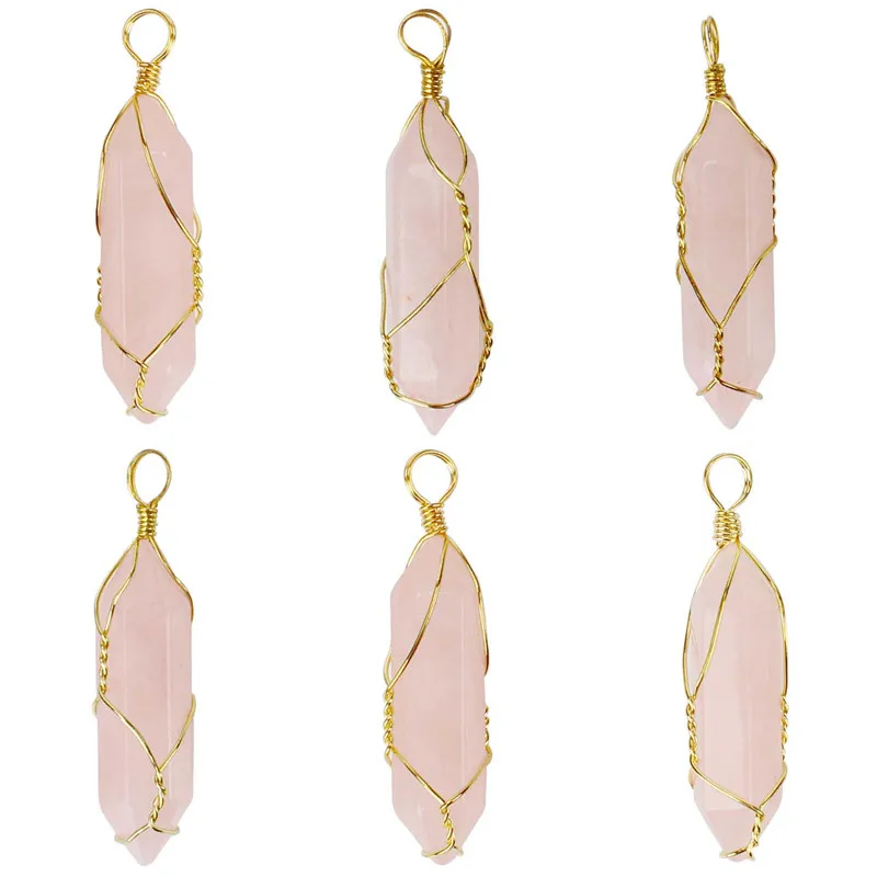 

Handmade Wire Wrapped Hexagonal Healing Point Rose Quartz Pendant for Jewelry making, Pink