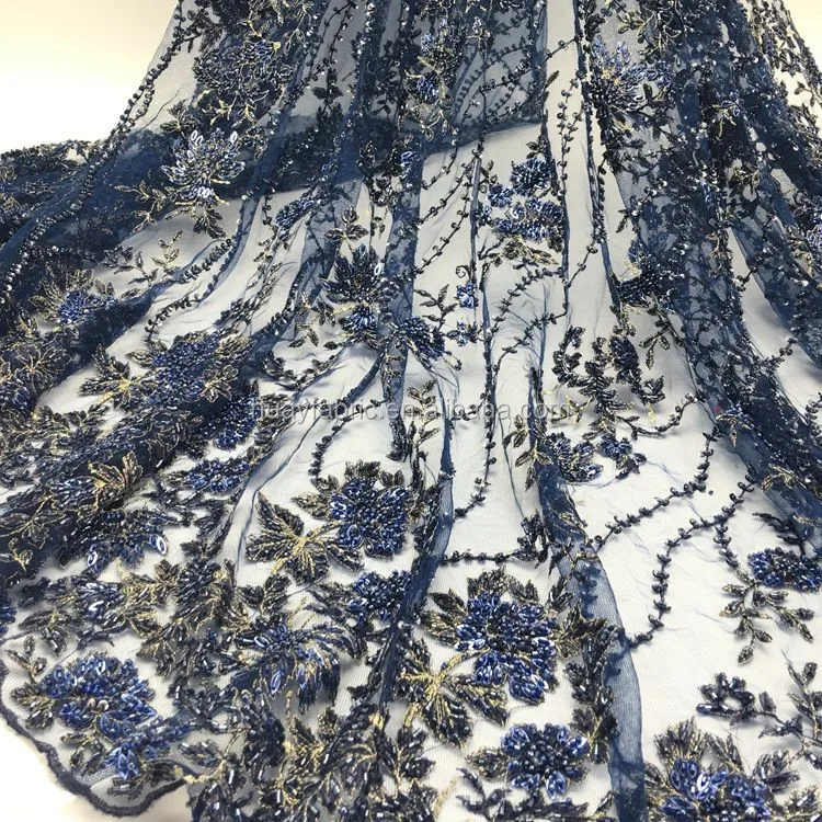 

2016 Top-end Handmade embroidery beaded bridal lace fabric nave blue beaded sequined lace fabric wholesale FB0062