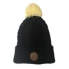 Custom brand logo print and indentation impress on special shape leather patch loose elastic thick knit hat beanie