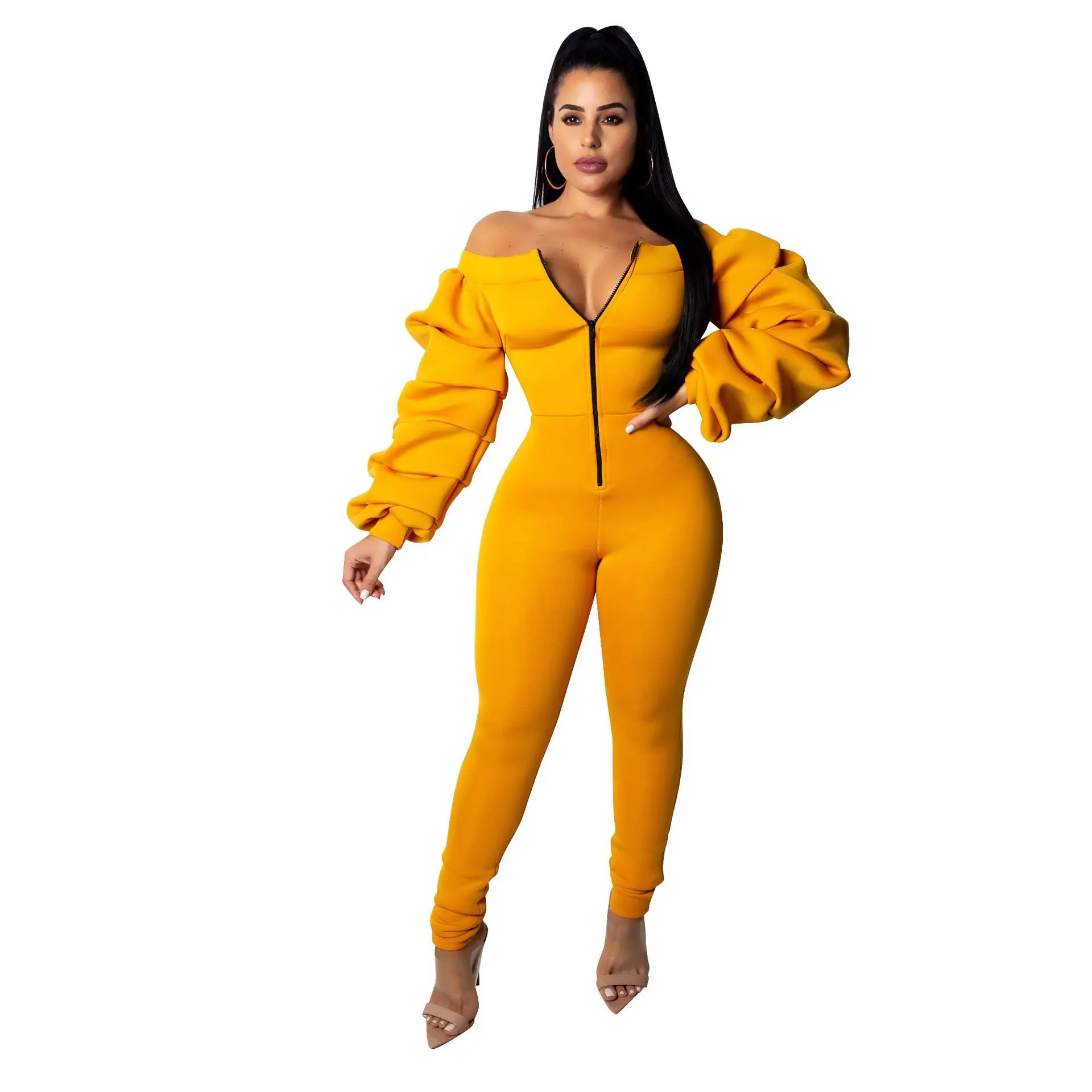 

Fashion horizontal neck puff sleeves decorate zipper women bodycon casual jumpsuit 277