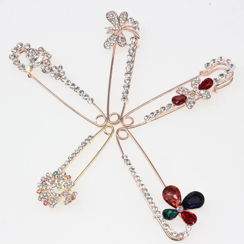 

Large Rose Gold Metal Crystal Safety pin Brooch Rhinestone flower Scarves pin broches, Various, as your choice