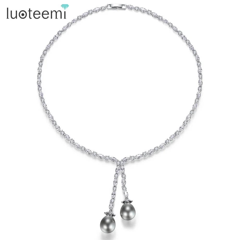 

LUOTEEMI Romantic Cubic Zirconia Tennis Chain Gray Waterdrop Created Pearls Pendant Necklace for Women Wedding Choker Necklace