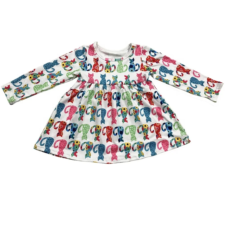 

2021 Children Cat Print Dress Children Long Sleeved Dress Baby Boutique Girls Clothes, Picture