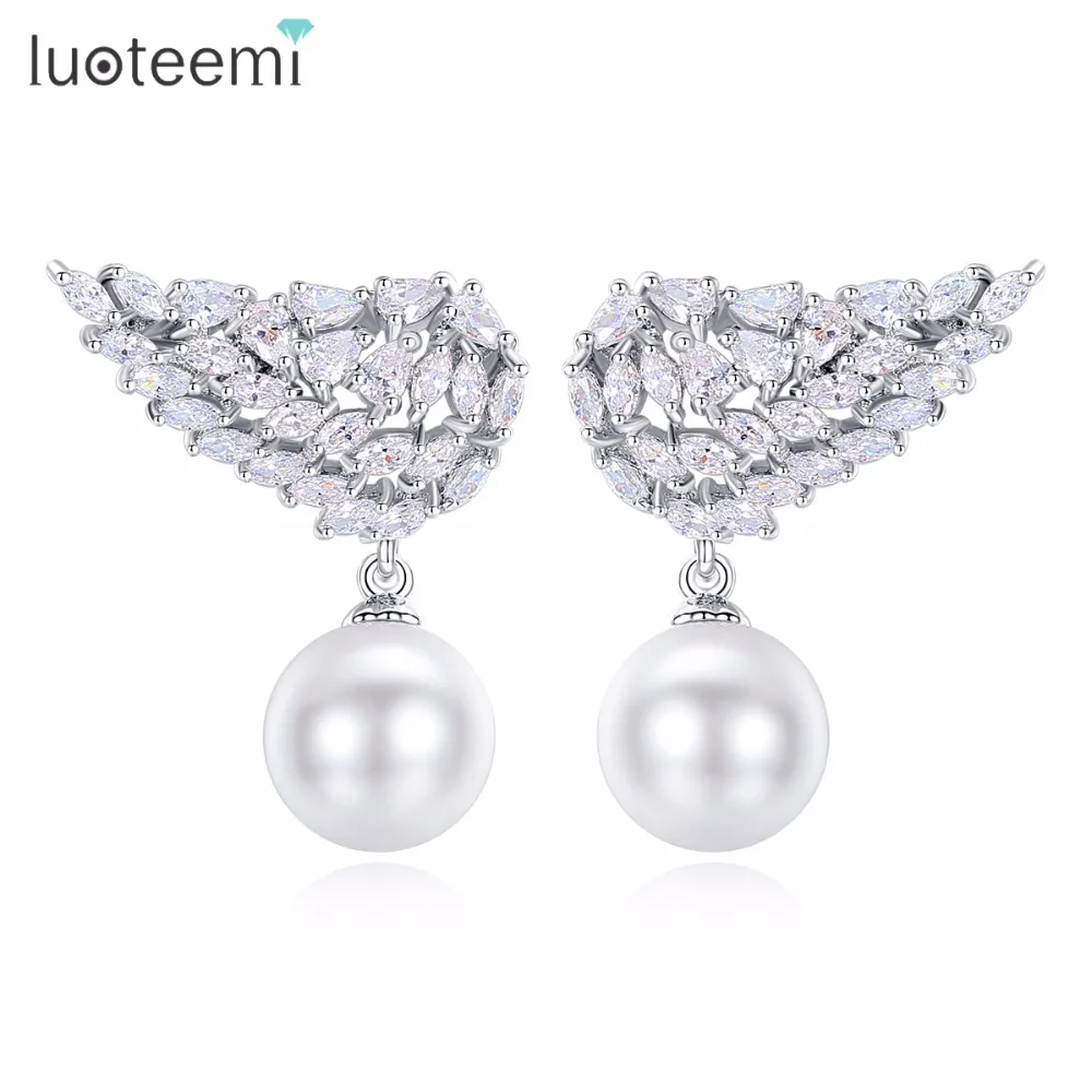 

LUOTEEMI Brand Noble New Fashion Double Feather Clear Imitation Pearl Star Stud Earrings Brincos for Girl Gift Party Bijoux, N/a