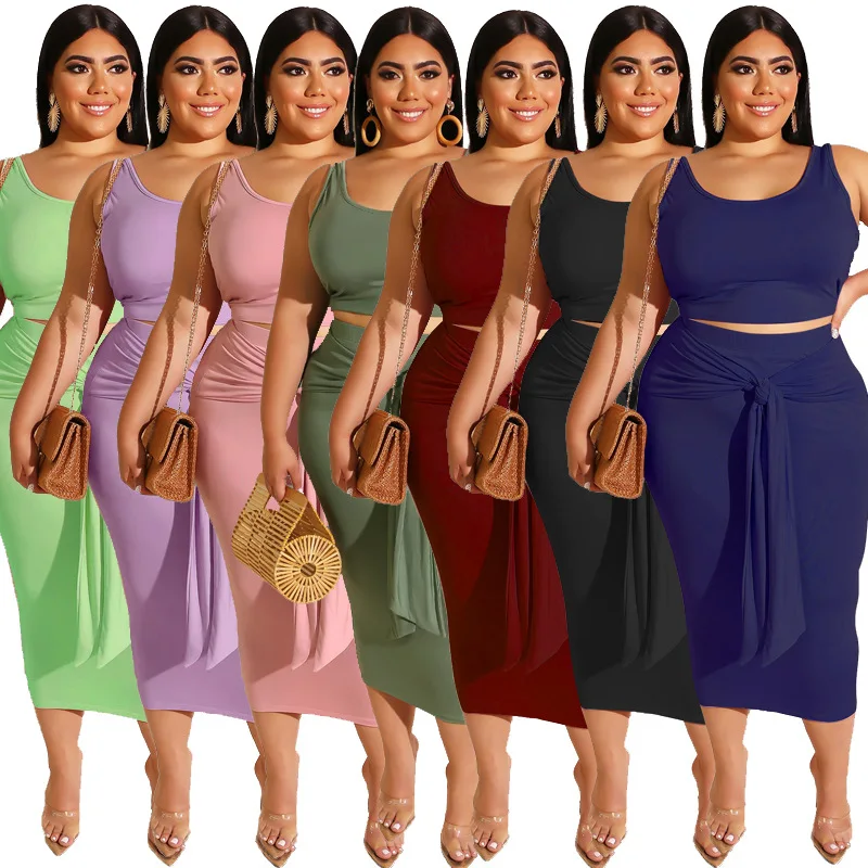 

2020 Plus Size Clothing for Woman Solid Color Bandage Casual Outfits Bodycon Woman Two Piece Set