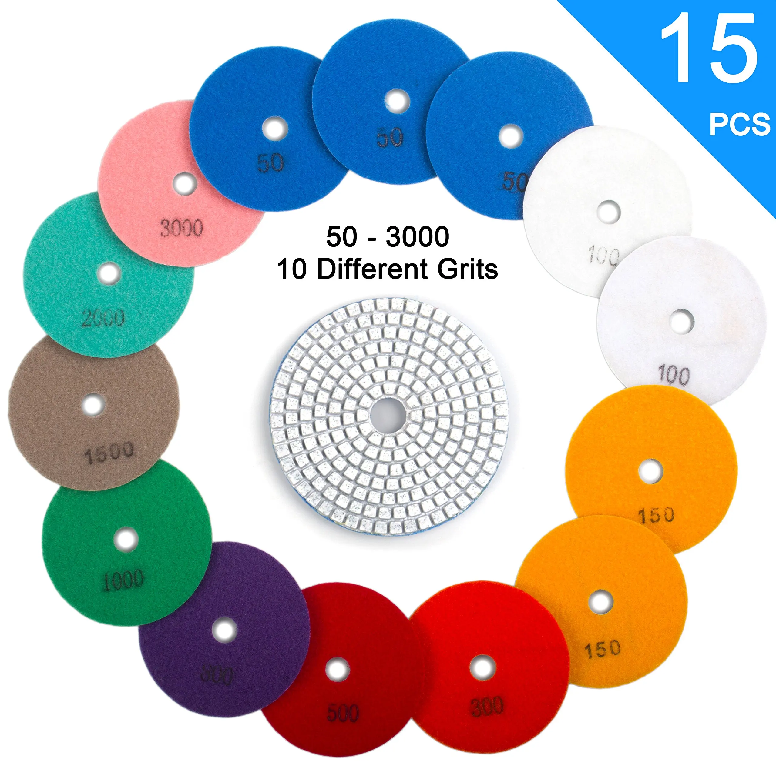 Buy Centerz 15pcs 4 Inch Wet Diamond Polishing Pads 50 To 3000 Grit Set Hook And Loop Backing Buffing Disc Kit For Granite Concrete Marble Stone Countertop Ceramic Tile Floor Grinder Or