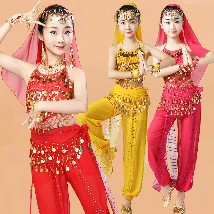 

Wholesale Girls Indian Dance Stage Performance Set Kids Belly Dance Costumes Competition Suit Children Arab/ Egyptian Bollywood, Red;rose pink;light blue;purple;yellow;royal blue