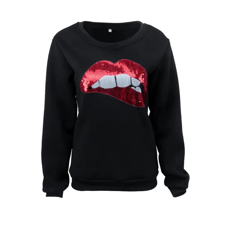 

Autumn and winter women's red lips embroidered oversized pullover sweater, Customized