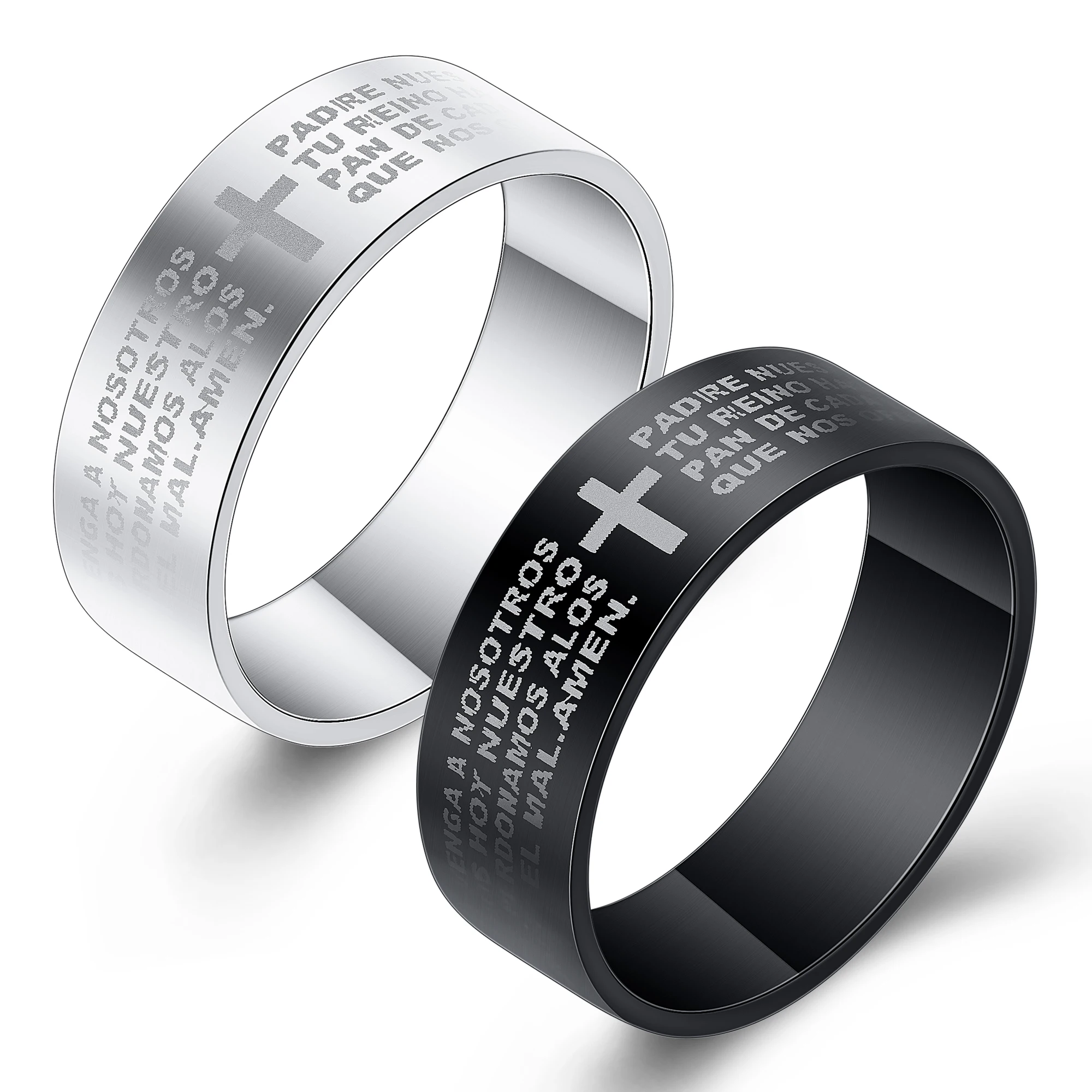 

Stainless Steel Bible Scriptures Cross Ring Band Silver Black 2 Colors