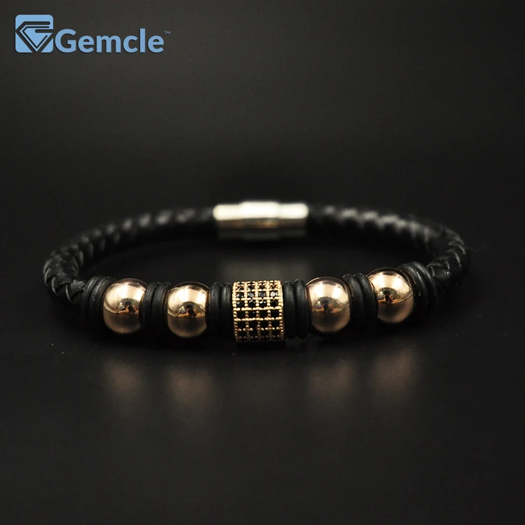 

GC-BC0065 Diamond Pave Titanium Steel Genuine Leather Leather Bracelet for Men, Gunblack;rose gold;silver;gold;or customized