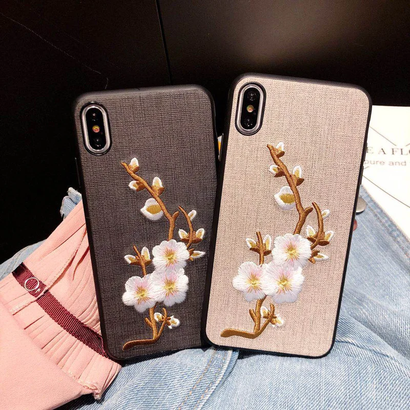 

embroidered flower PU leather PC+ TPU phone case for iphone X case, Black;brown