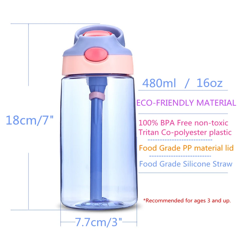 480ml/16oz BPA Free Tritan Water Bottle with Straw Plastic Drinking Water Bottle for Kids portable Plastic water bottle
