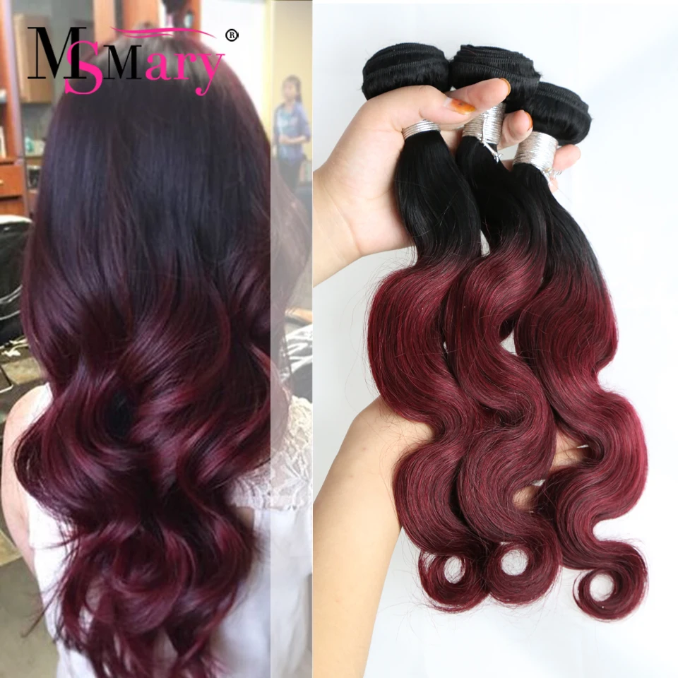 

1B Burgundy Malaysian Body Wave Two Tone Ombre Hair Weaves 3 Pieces