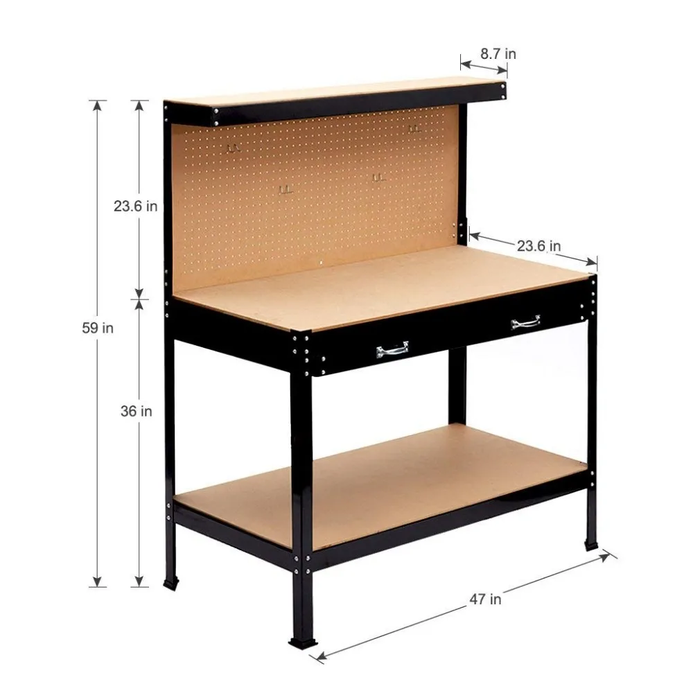 钢制车库工作台工具存储工作台车间工具桌,带抽屉和钉板