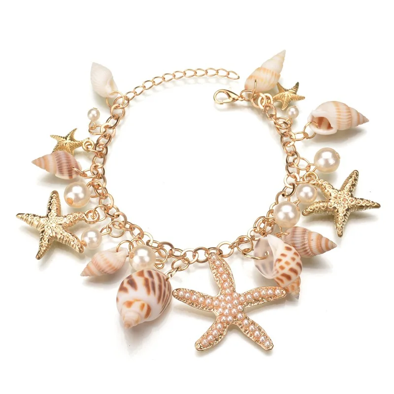 

New Korean Summer Star Starfish Conch Shell Charm Multi-element Bracelet For Women Beach Jewelry (KB8176), As picture