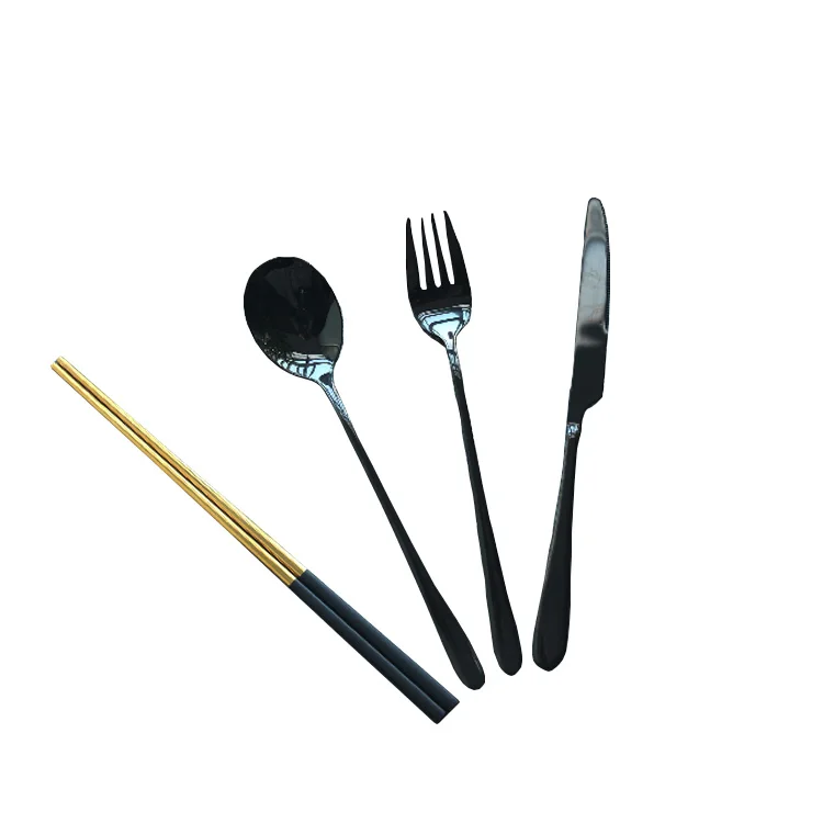 

Cathylin Japan Korea Vietnam Philippines Black Gold Cutlery Set Stainless Steel 4Pcs Flatware Set With Spoons Knifes Forks, Rose golden and black