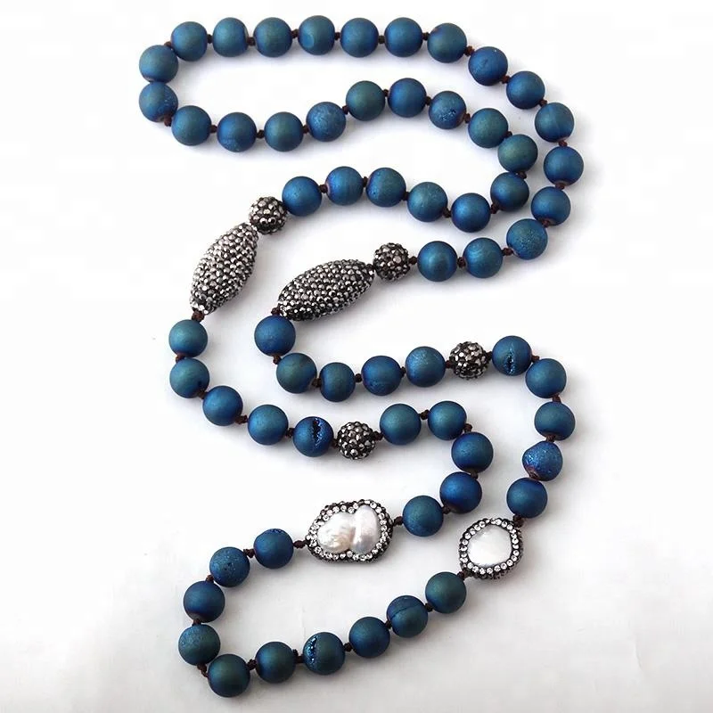 

Women 10mm Blue Druzy Beads Knotted Handmade Necklace Paved Natural Stone freshwater Pearl Beads Necklace