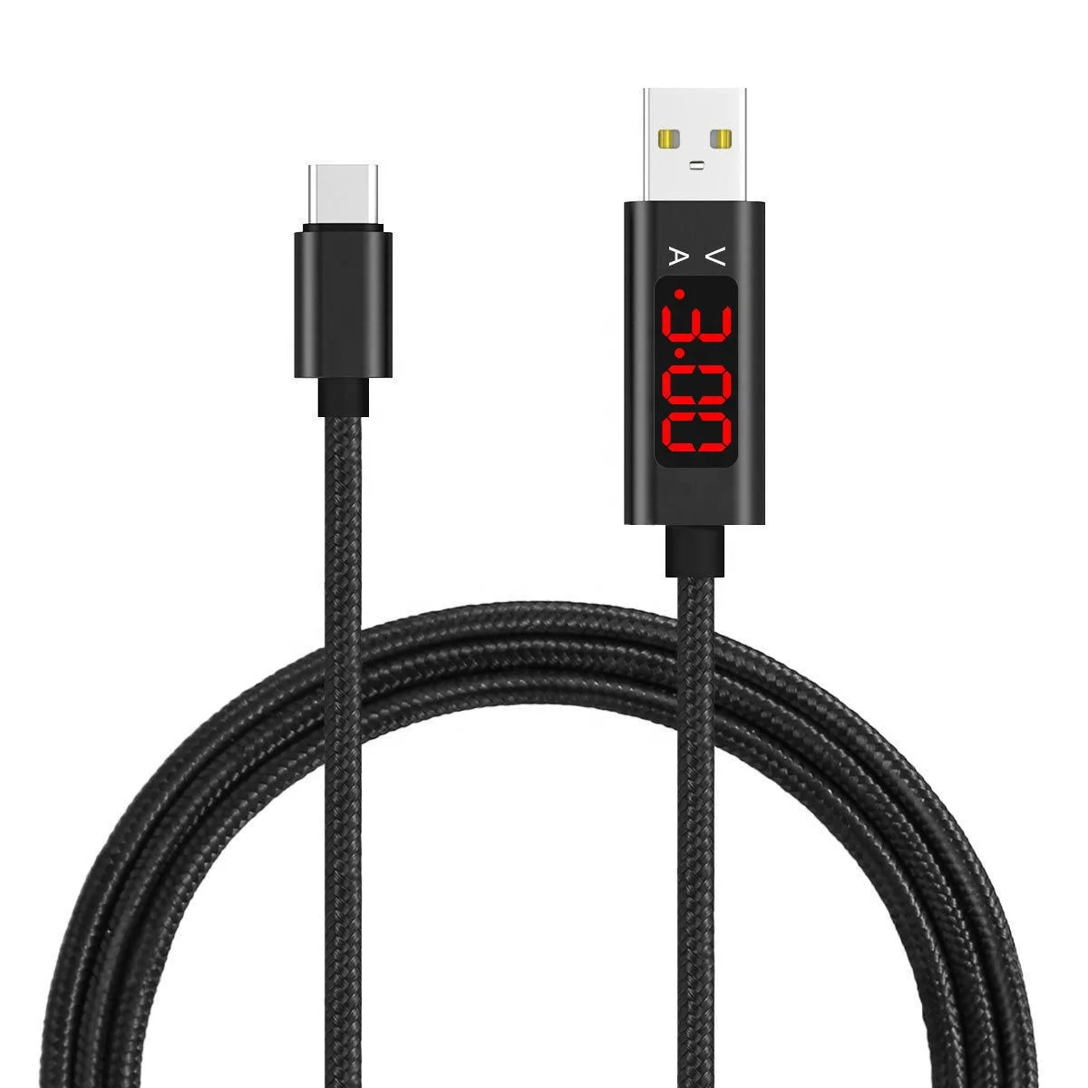 

New Design Nylon Braided LCD Display Fast Charging Sync Phone Cable Intelligent Current Display Line Micro USB / Type C Cable, Black