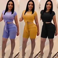 

2019 trendy Solid Colour knitting short sleeve crop tops with belt Shorts Ladies women two piece shorts set