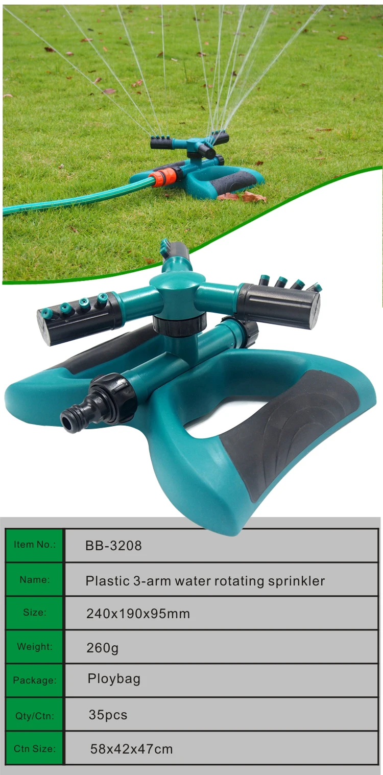 Plastic 3 arm water spray sprinkler for lawn